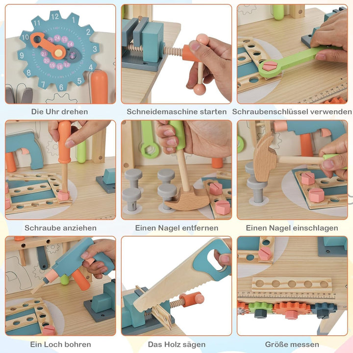 DREAMADE Werkbank Kinder, Werkzeugbank für Kinder aus Holz mit 63 Zubehör, Werkzeug Spielzeug Set mi