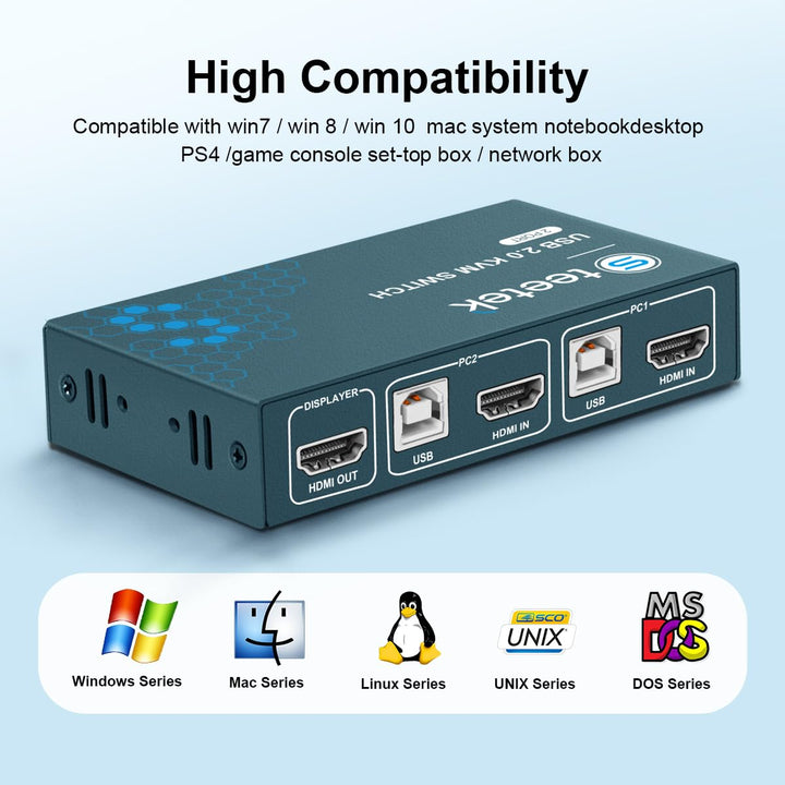 KVM Switch HDMI 2 Port, 4K@30Hz, USB2.0, 2 PC 1 Monitor Switch, Button Switch, Ultra HD, Compatible