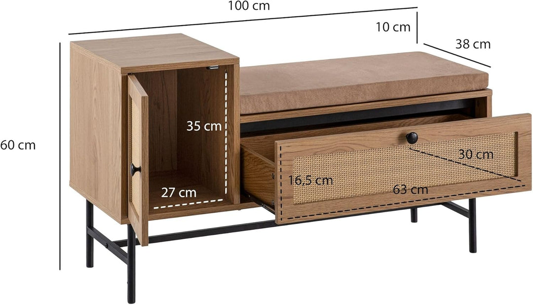 Wohnling Schuhbank mit Sitzfläche 100x60x38 cm Garderobenbank Eiche-Dekor, Sitzbank Rattan Klein Gep