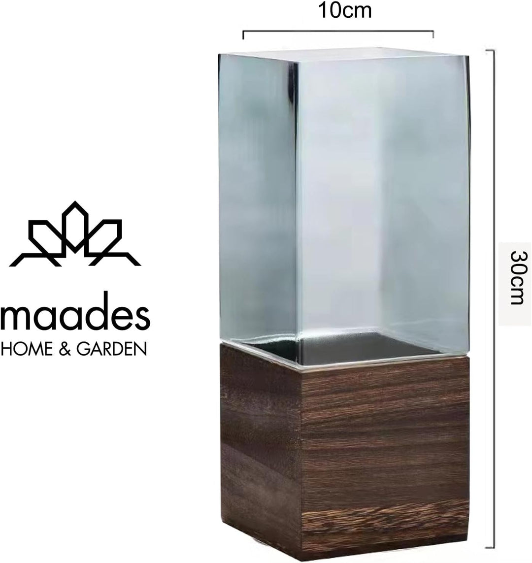 MAADES Vase Blumenvase aus Glas & Holz Eckig 30cm gross Glasvase Grau als Tischdeko Hochzeitsdeko