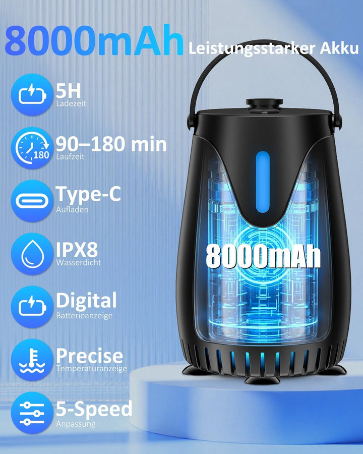 Spopal Campingdusche mit Pumpe [8000mAh], Tragbare Campingdusche mit Temperaturmessung, Farbiger Nac