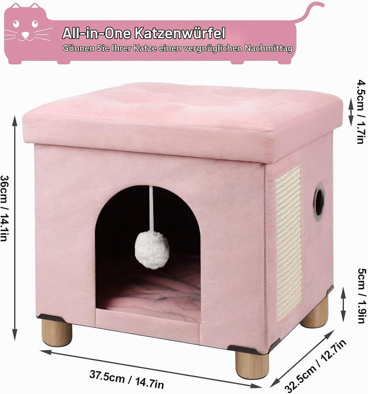 BRIAN &amp; DANY Faltbare Katzenhöhle Grosse Katzen, Katzenhaus mit Kratzbrett und Spielball, Katzen Höh