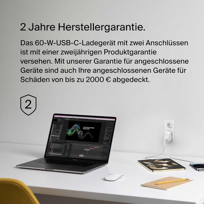 Belkin BoostCharge USB-C PD-Ladegerät mit 2 Anschlüssen und PPS, 60 Wfür Apple iPhone, iPad, Samsung