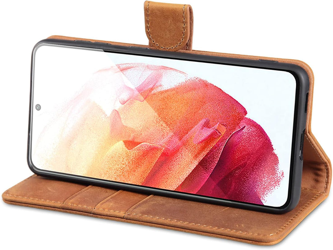 LENSUN Echtleder Hülle für Samsung Galaxy S21, Handyhülle [Echtes Leder] [Magnetverschluss] [RFID Sc
