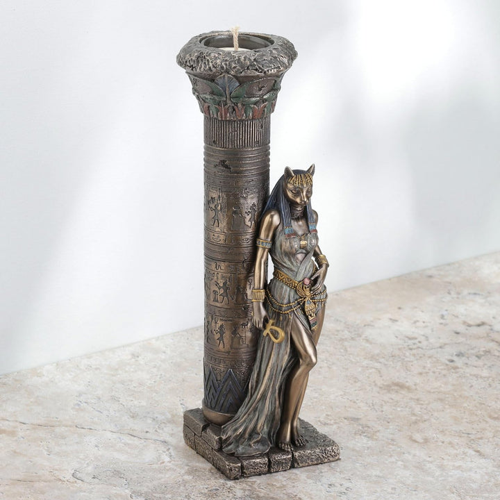 Zeckos gyptische göttin bastet auf s?ule lehnend statue Bronze 10 3/4 Inches Tall