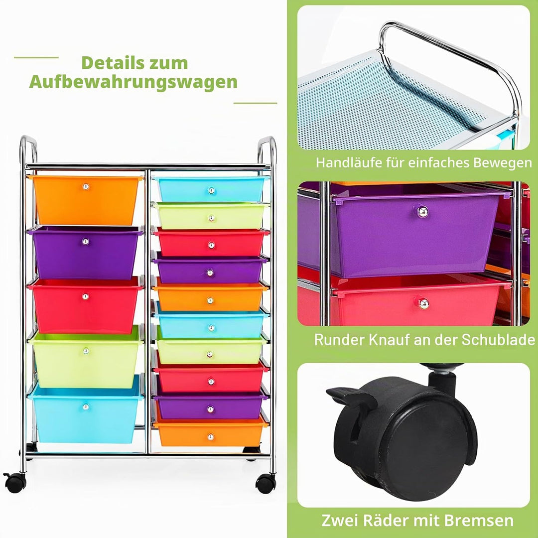 KOMFOTTEU Rollwagen mit 10/15 Schubladen stapelbar, Badrollwagen Rollcontainer mit Metallrahmen, All
