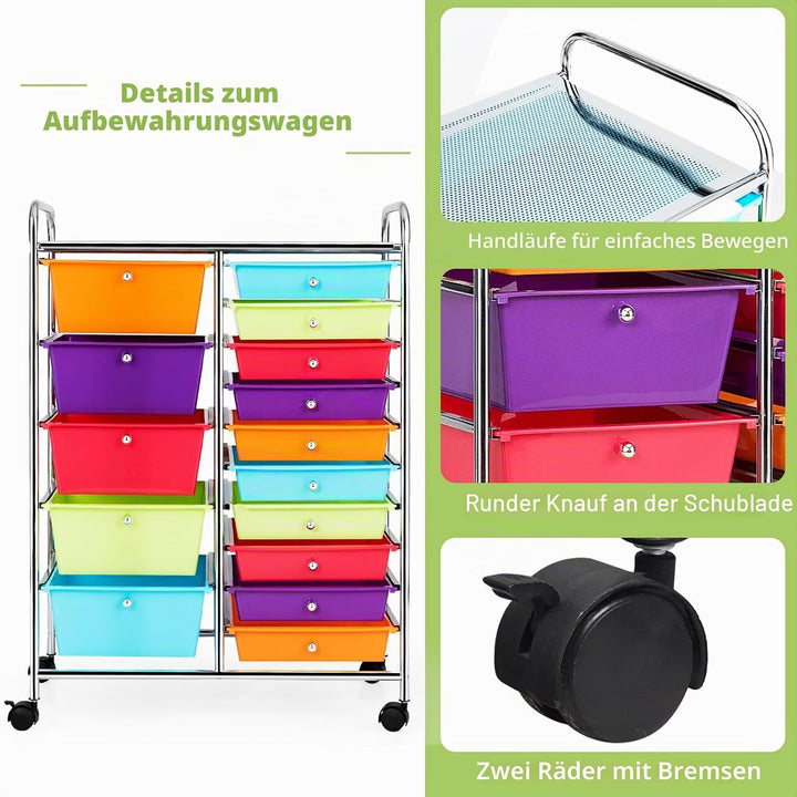 KOMFOTTEU Rollwagen mit 10/15 Schubladen stapelbar, Badrollwagen Rollcontainer mit Metallrahmen, All