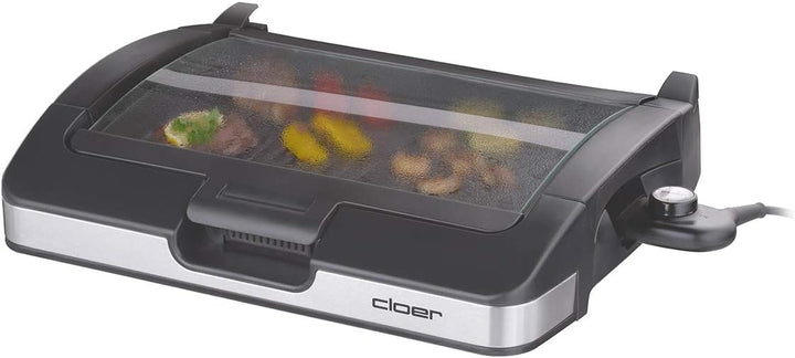 Cloer 6720 Barbecue-Grill mit Aluminium-Druckgussplatte, Antihaftbeschichtet, Glasdeckel, 2200 Watt,