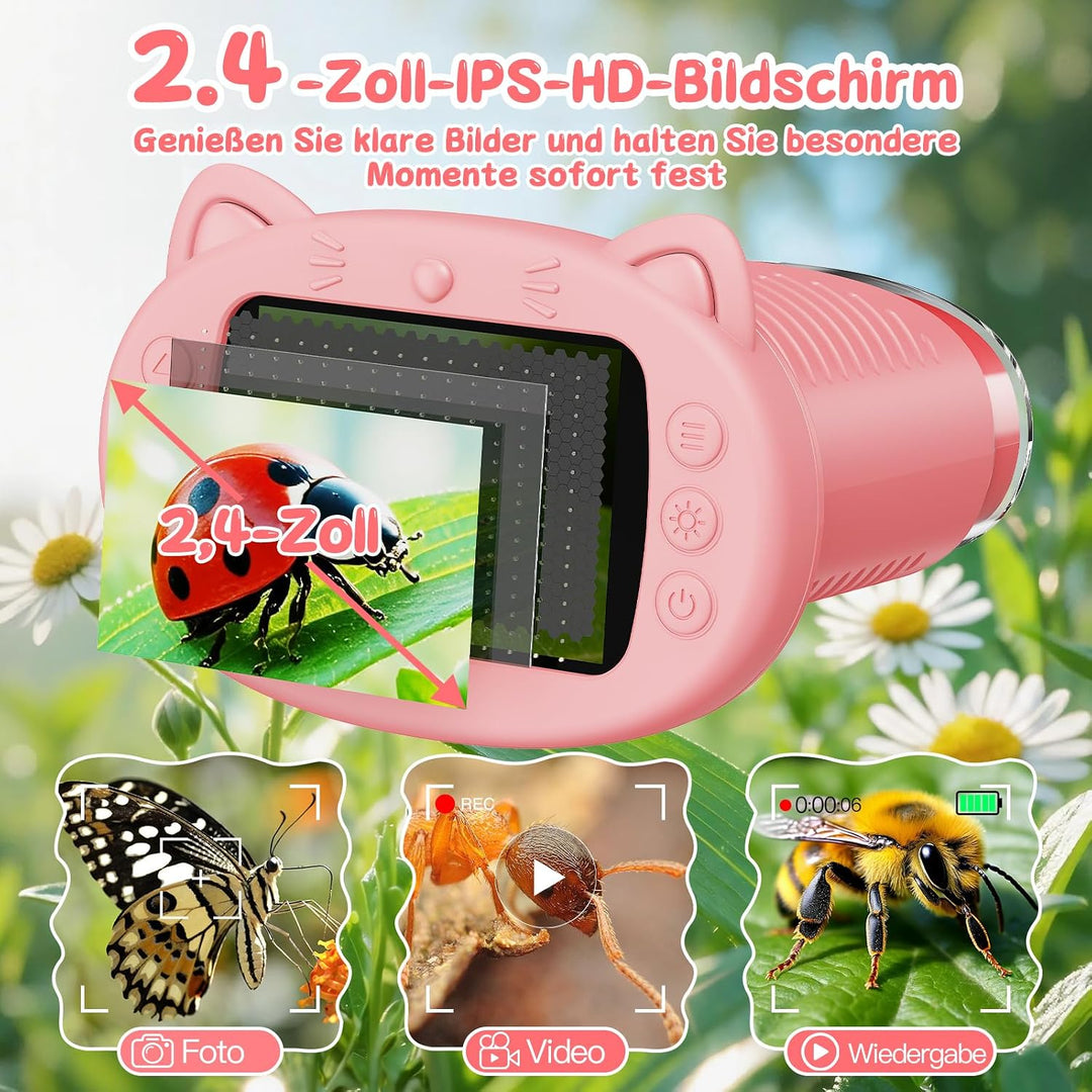Tragbares Mikroskop für Kinder, 1000x Digitales Handmikroskop Kinder mit 2,4 Zoll IPS Bildschirm, Fo