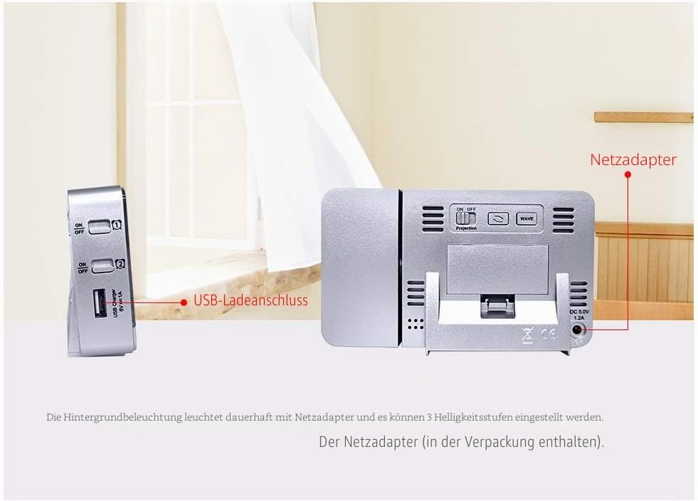 VORRINC Projektionswecker Digital Uhr mit USB Anschluss, Innentemperaturanzeige und Datumsanzeige, 4
