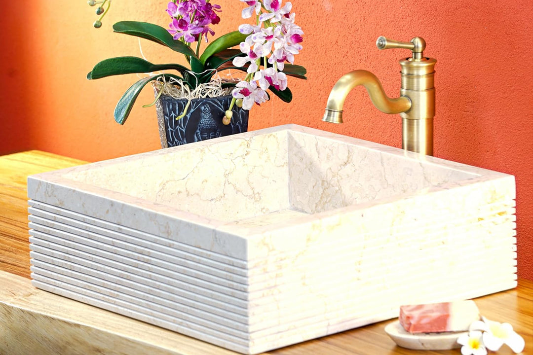 Kinaree Naturstein Waschbecken Heller Marmor - 45x45 cm Aufsatz Waschschale - Heller Marmor Aufsatzw