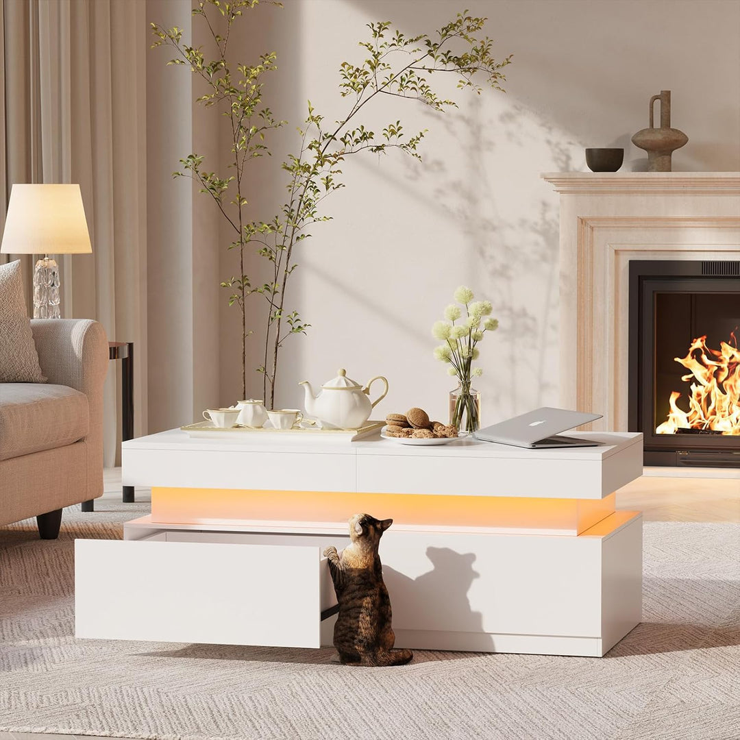 YOUDENOVA Couchtisch Weiss mit Stauraum, Wohnzimmertisch Hochglanz mit 7 Farbiger LED Beleuchtung, A