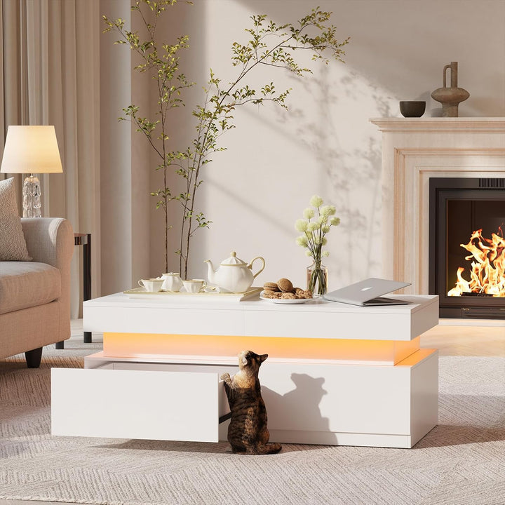 YOUDENOVA Couchtisch Weiss mit Stauraum, Wohnzimmertisch Hochglanz mit 7 Farbiger LED Beleuchtung, A
