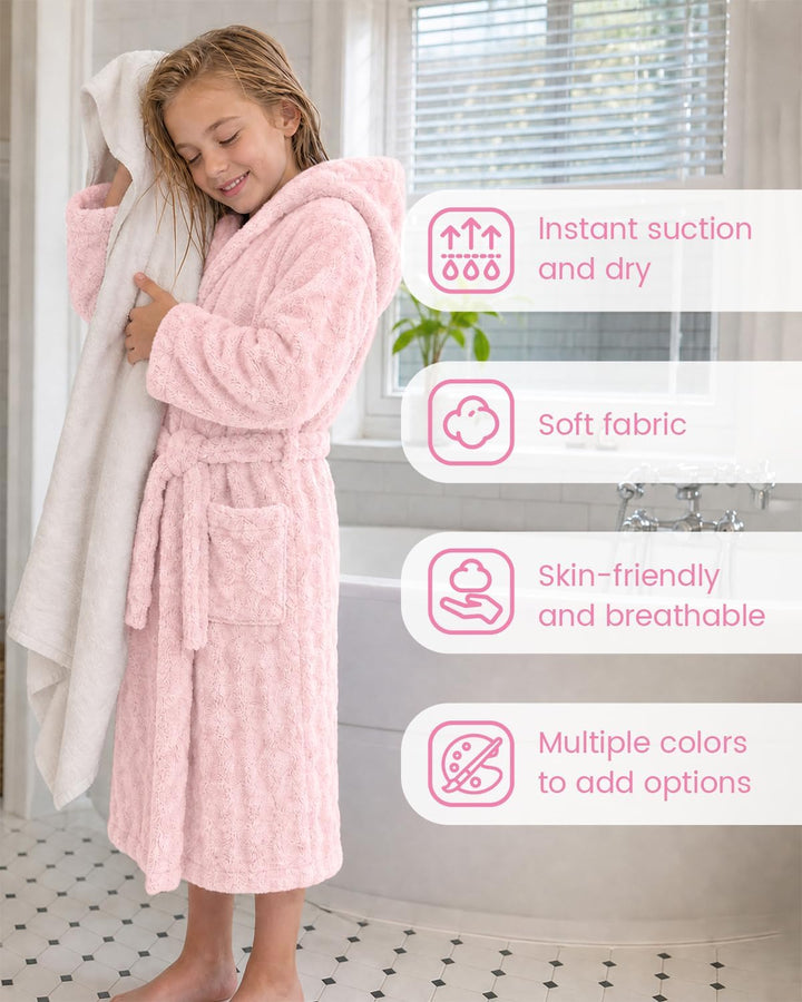JiAmy Kinder Fleece Bademantel mit Kapuze | Weich Saugfähig kinderbademantel mit Taschen und Bindegü