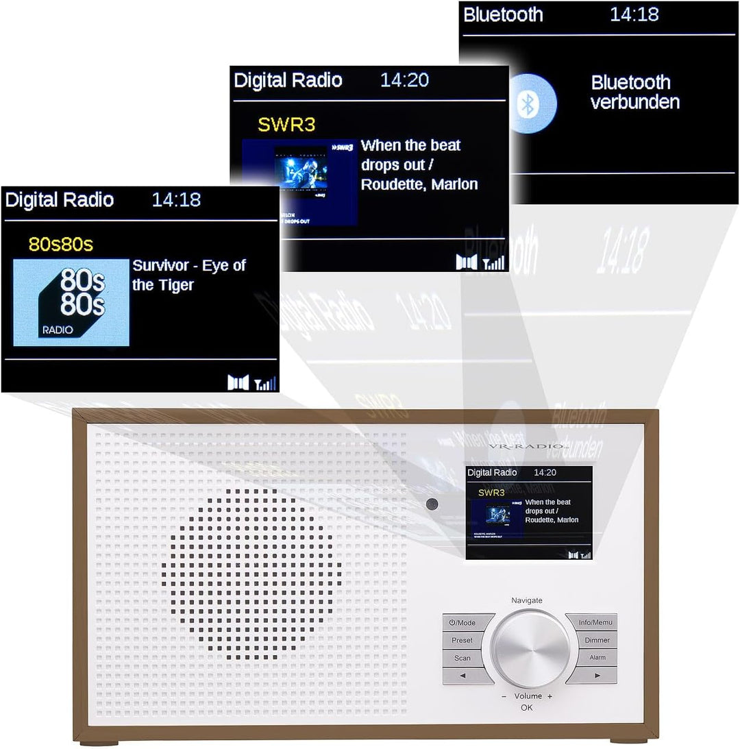 VR-Radio Digitalradio: Digitales DAB+-Radio, 2,4"/6,1-cm-Farbdisplay, Bluetooth, Holzgehäuse (Radiow