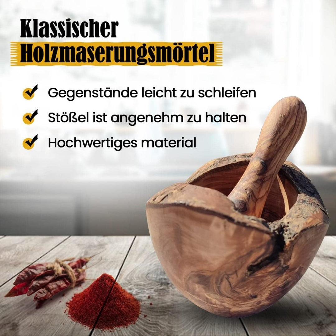 Mörser mit Stössel aus Olivenholz, Kräutermörser, handgefertigt mit Naturrand, Küchenmörser Holzmörs