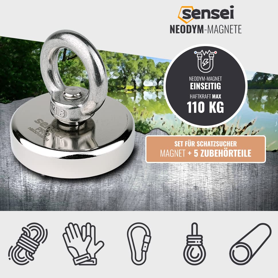 SENSEI Set 110 kg, N52 Neodym-Magnet mit Öse, Ø5 x H1,5 cm, Segelseil 25 m, Schutzhandschuhe + Zubeh