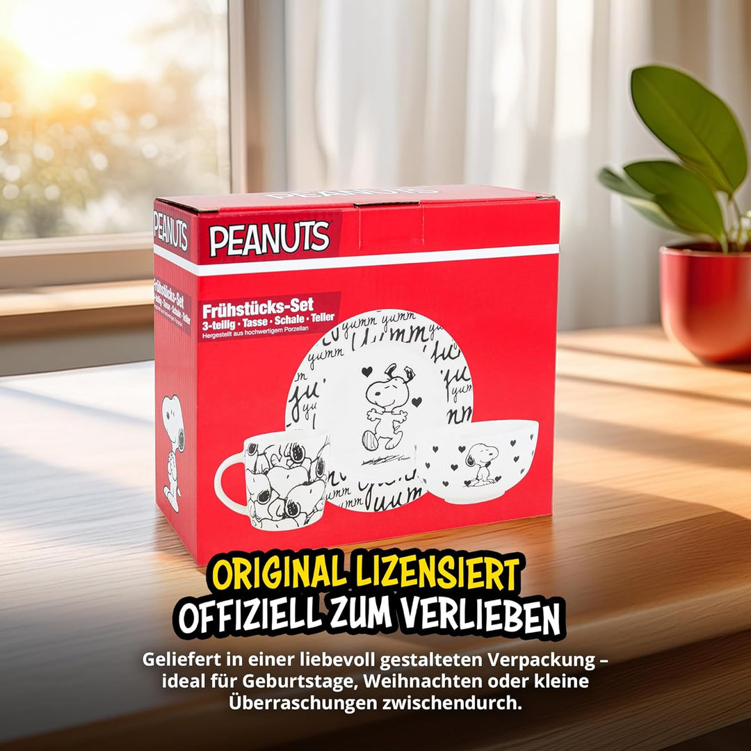 United Labels Snoopy Frühstücksset Kinder, Snoopy yumm, Geschirr Set Porzellan, 3-teilig mit Teller,