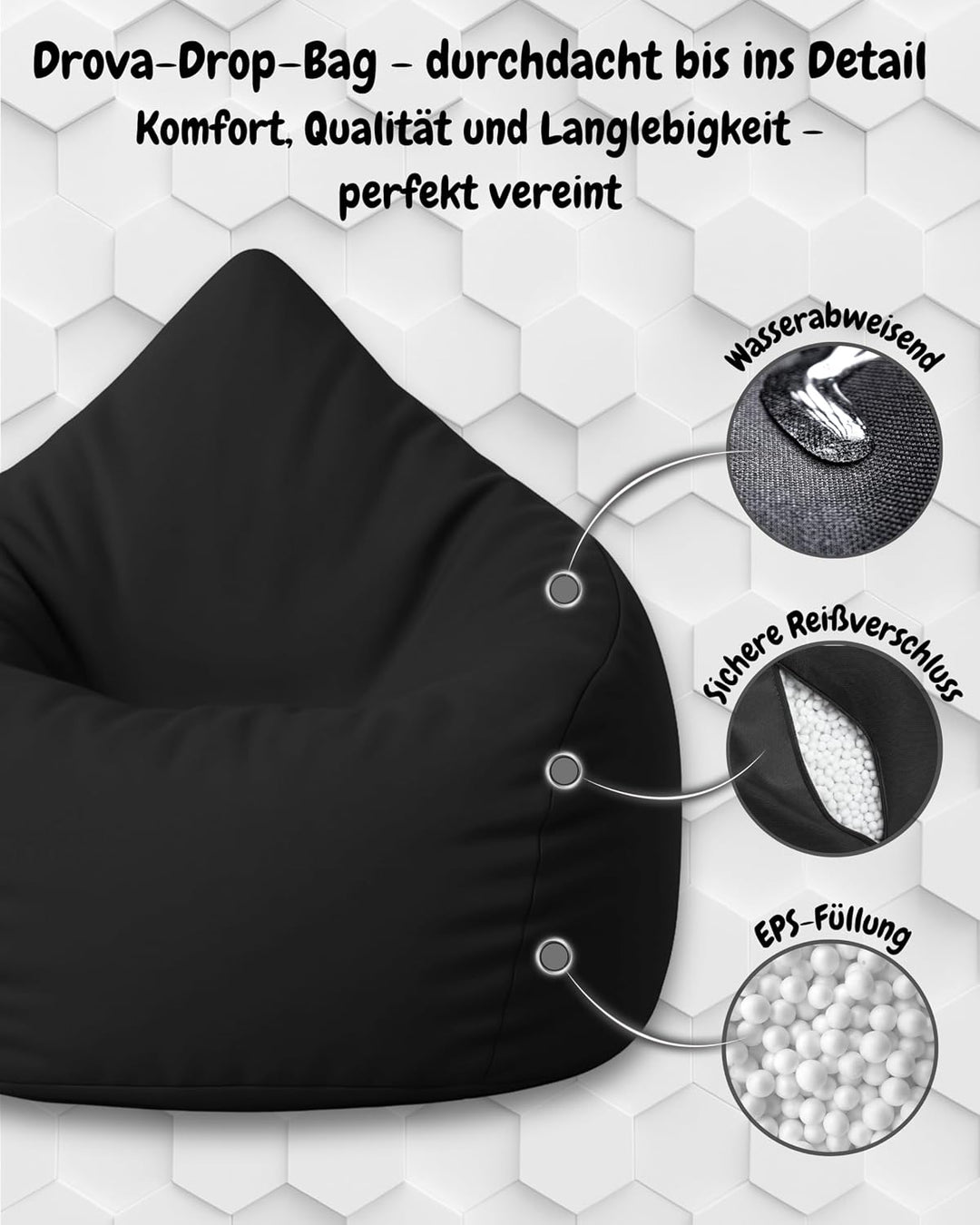 PATCH HOME Patchhome Sitzsack Tropfenform mit Reissverschluss Nachfüllbar - für In &amp; Outdoor - mit S