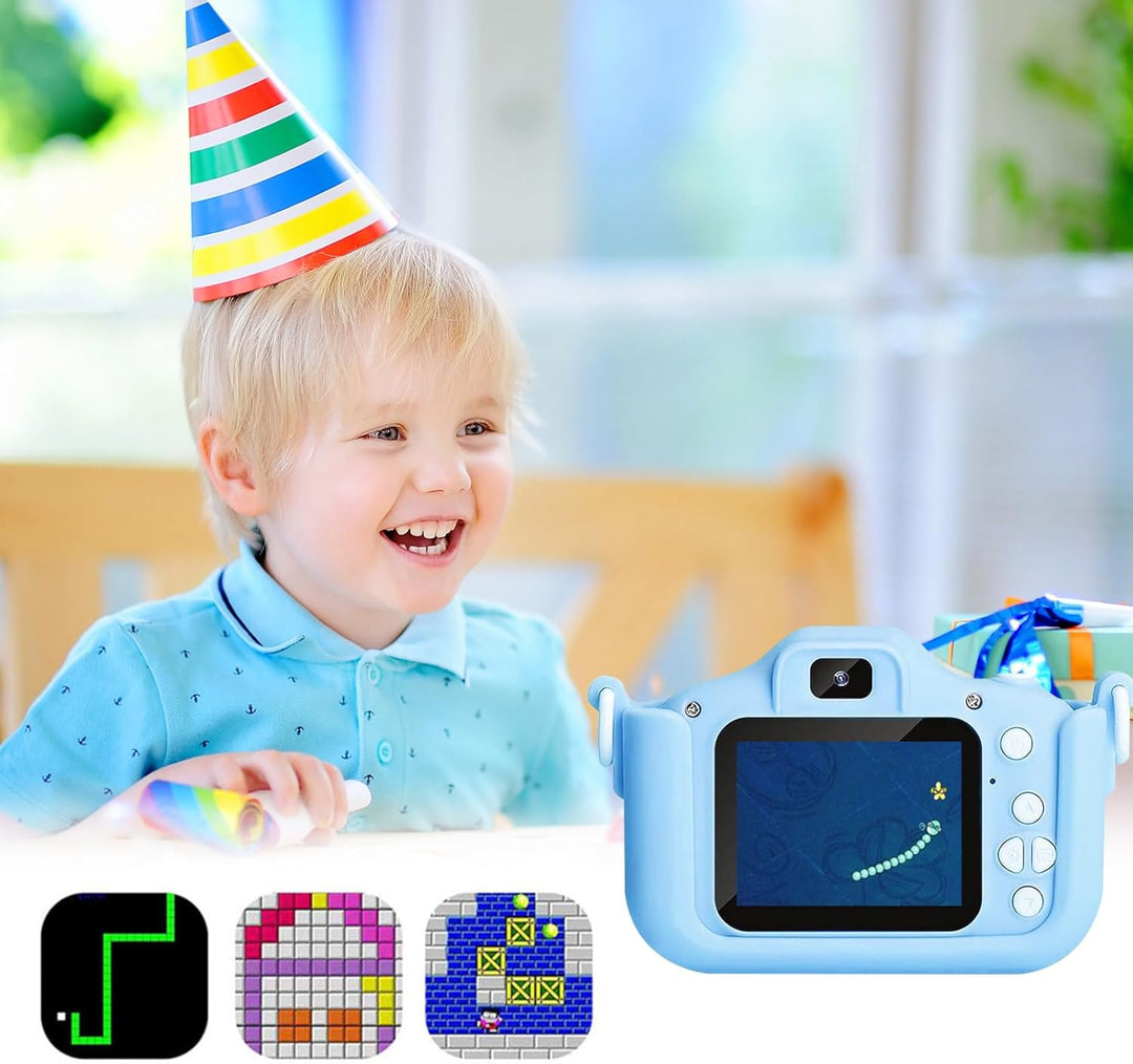 1080P HD Kinderkamera Digitalkamera für Jungen Mädchen, 2" Bildschirm, Wiederaufladbar mit 32GB SD K