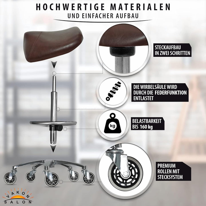 Premium Sattelhocker Braun, Sattelstuhl für Rückenentlastung, Rollhocker höhenverstellbar von 55-75