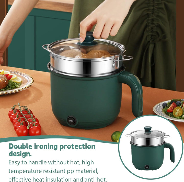 Elektrischer Hot Pot 1.5L, Tragbare Mini Antihaft Multikocher mit Dampfgarer, Schneller Ramen Kocher