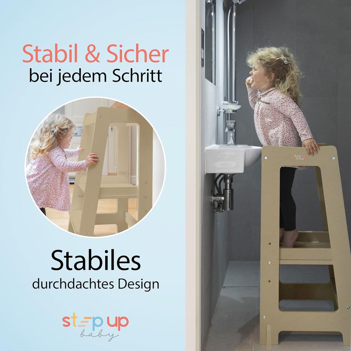 Stepup Baby Montessori Lernturm ab 1 Jahr Höhenverstellbar Tritthocker Kinder mit Sicherheitsgelände