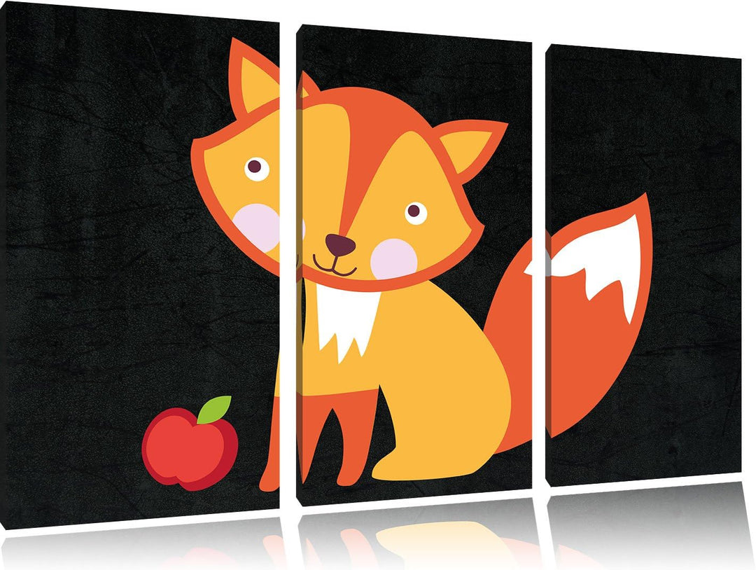 Pixxprint Niedlicher Fuchs mit Apfels als Leinwandbild/Grösse: 3 Teilig (120x80) cm/Wandbild/Kunstdr