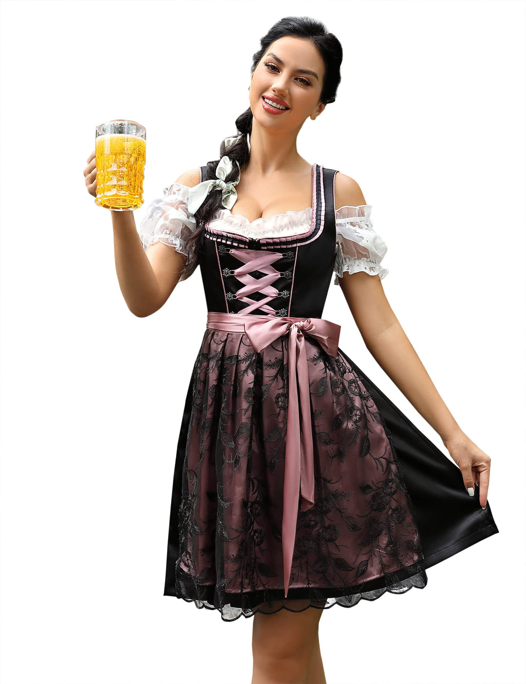 KOJOOIN Trachtenkleid Damen Dirndl Kurz Midi 3tlg. für Oktoberfest-DREI Teilig: Kleid, Bluse, Schürz