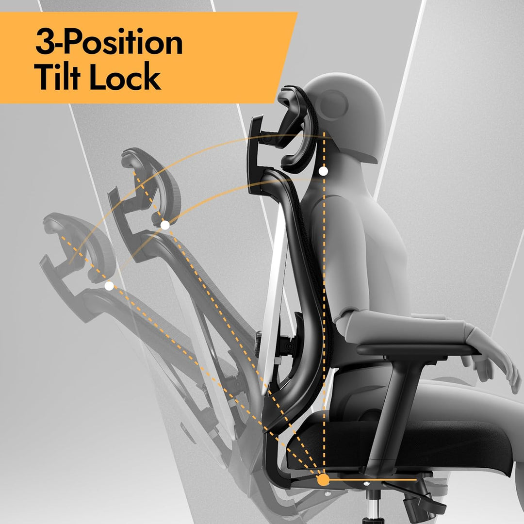 Ergonomischer Bürostuhl mit 3D Lendenstütze & 3D verstellbaren Armlehnen – V-förmiges Rücken-Design,