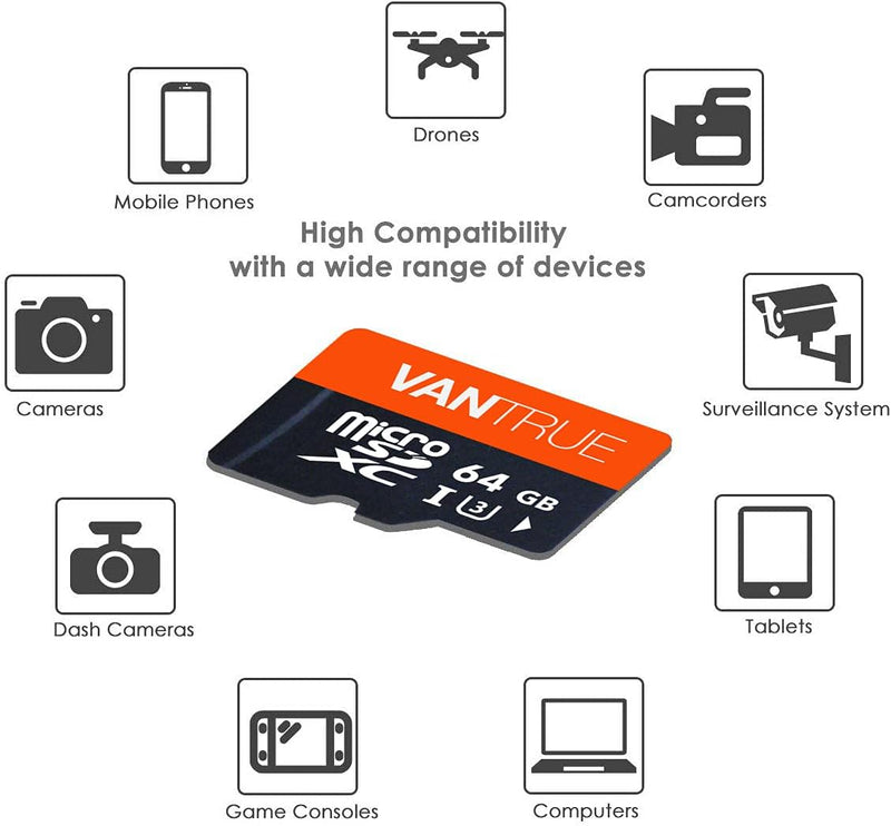 VANTRUE 64GB microSD Speicherkarte, UHS-I U3 4K, inkl. Adapter, Kompatibel mit Dashcam, Smartphone,