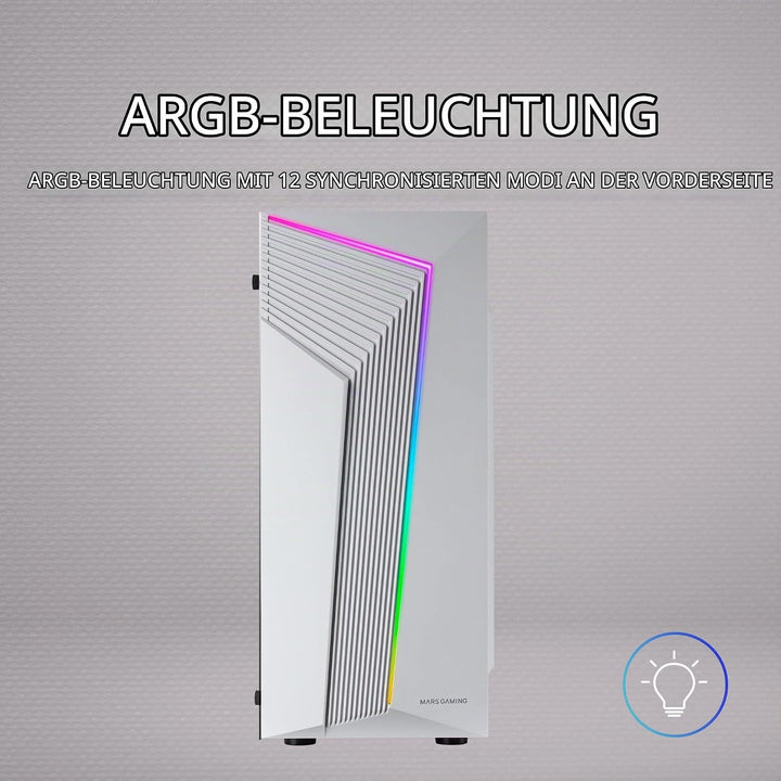 MarsGaming MC-X7 Weiss, PC Gaming ATX Gehäuse, ARGB Front, 12cm RGB Lüfter, Volles Seitenfenster MCX