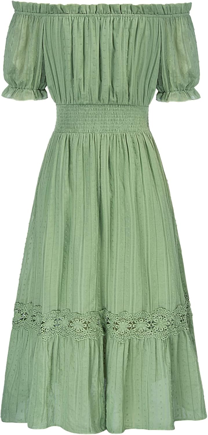 SCARLET DARKNESS Damen Renaissance Kleider Schulterfrei Puffärmel Gesmokte Taille Baumwollkleid XXL