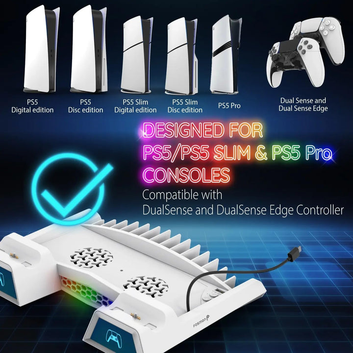 Fosmon - PS5 Ständer mit 3 stufig Lüfter und Licht, PlayStation 5 Slim/pro Standfuss mit 2 USB Ports