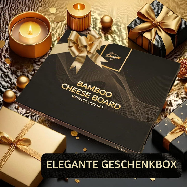 Bambus Käsebrett mit 4 Messern – Servierplatte aus Holz, Charcuterie Board für Aperitif, Geburtstag,