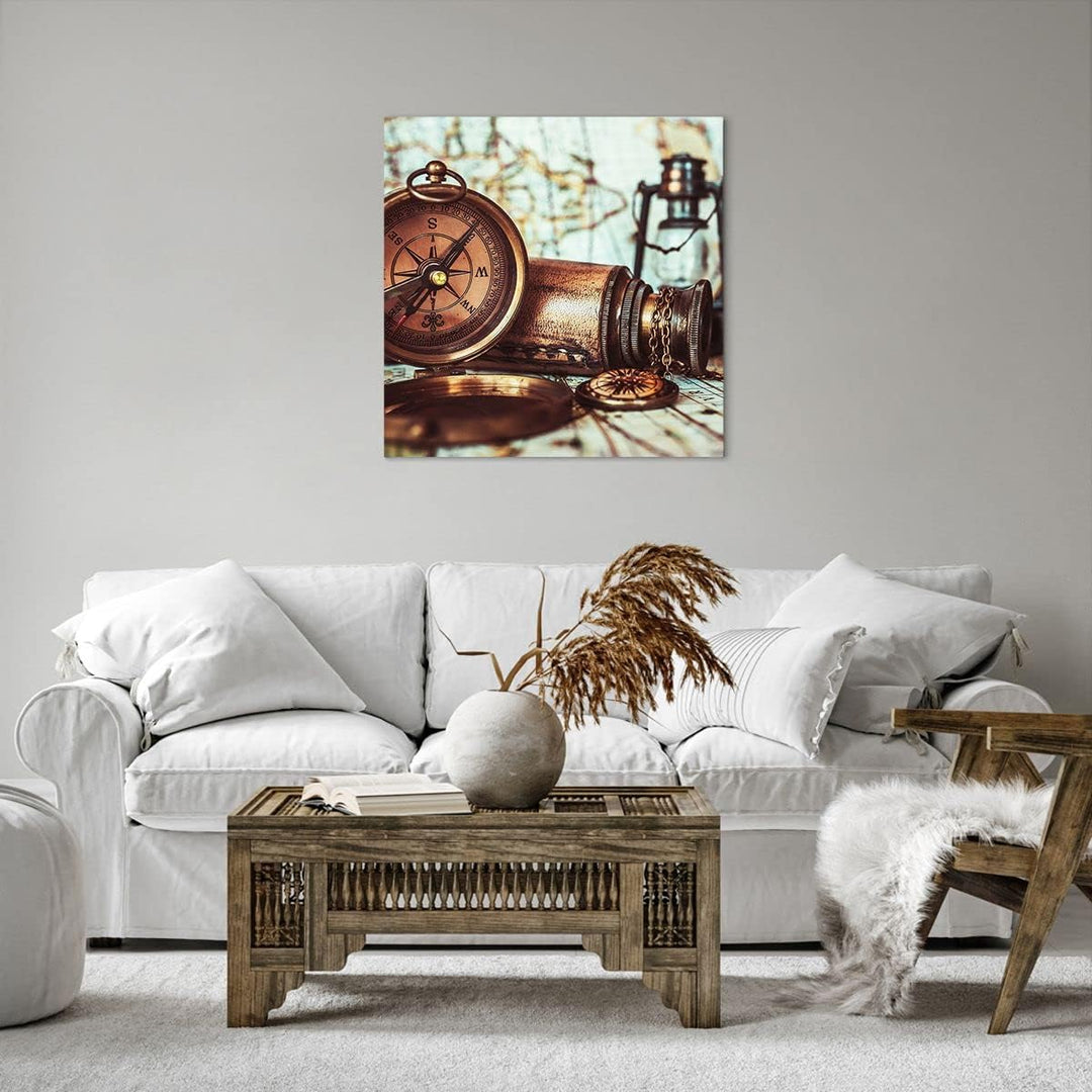 Bilder auf Leinwand Kompass Teleskop Abenteuer antik Leinwandbild 60x60cm Wandbilder Dekoration Wohn