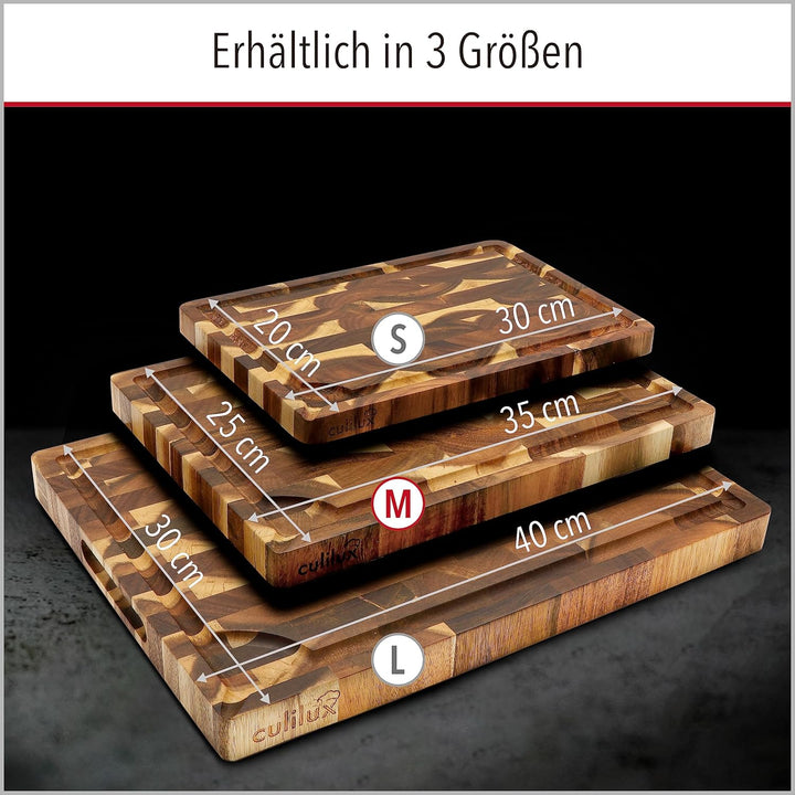 CULILUX Gourmet Schneidebrett M Stirnholz Akazie 2-seitig 35 x 25 x 2.5 cm mit Saftrille antiseptisc