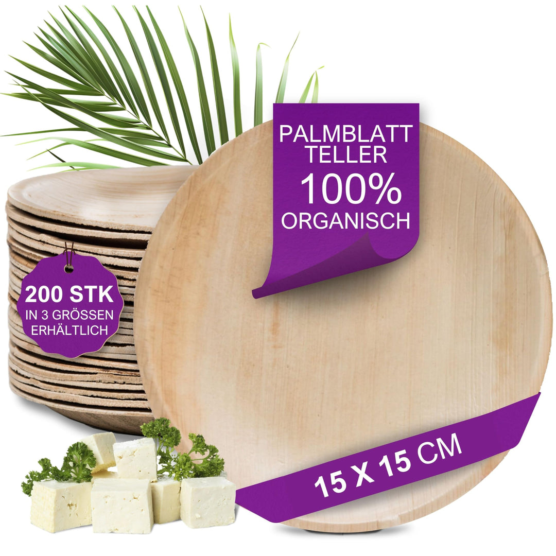 Waipur Bio Palmblattteller - 200 Teller rund klein Ø 15 cm - Premium Einweggeschirr kompostierbar -