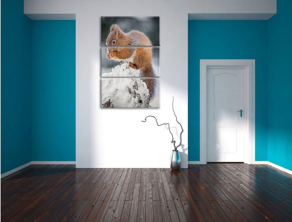 Pixxprint Kleines Eichhörnchen im Winter 3-Teiler Leinwandbild 120x80 Bild auf Leinwand