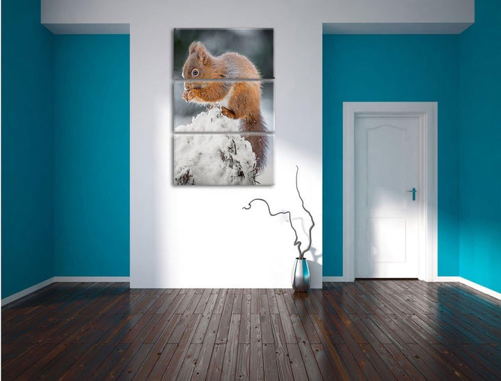 Pixxprint Kleines Eichhörnchen im Winter 3-Teiler Leinwandbild 120x80 Bild auf Leinwand