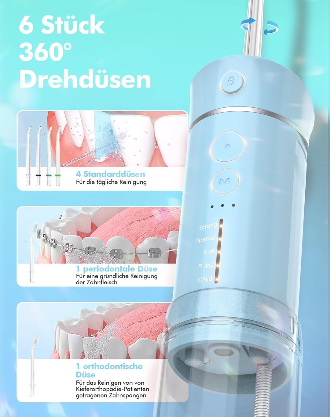 Reise Munddusche Kabellos Zahnreinigung: Oral Irrigator mit 5 Modi, 180ML Wassertank IPX7 Wasserdich
