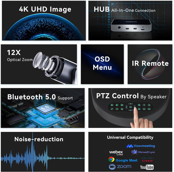 Tenveo 4K PTZ-Kamera mit Bluetooth-Freisprecheinrichtung 12-facher optischer Zoom Konferenzkamera We