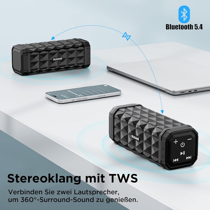BUGANI Bluetooth Lautsprecher, Musikbox Bluetooth mit 5.4, 24H Stunden Akku, Bass-Treibern, IPX5 Was