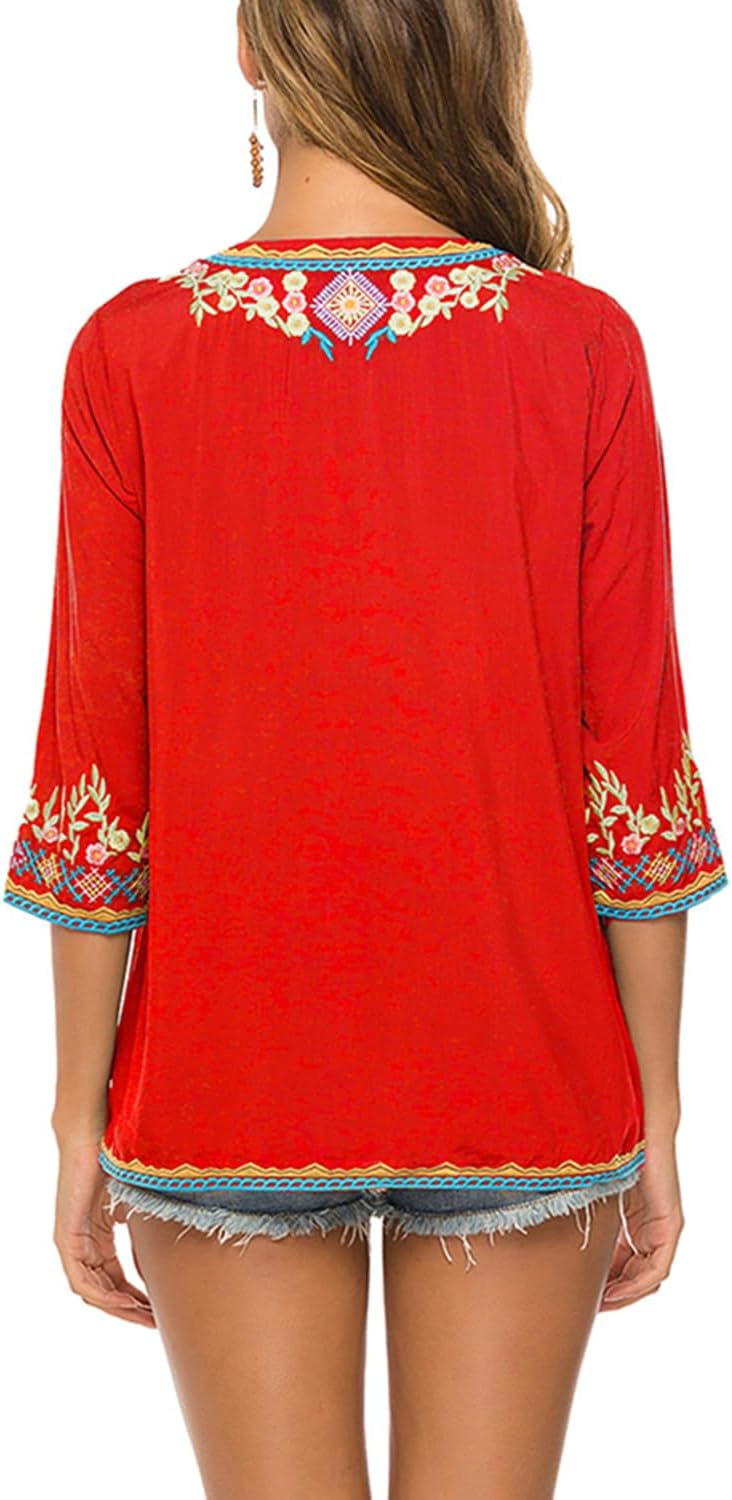 drakloak Bluse Stickerei Damen Boho Bestickte Oberteile Tunika Folklore Hippie Blusen Blumenmuster O