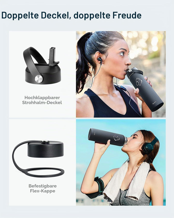 Edelstahl Trinkflasche mit Strohhalm, BUZIO Thermosflasche 680ml mit Strohhalmdeckel und Flexkappe k