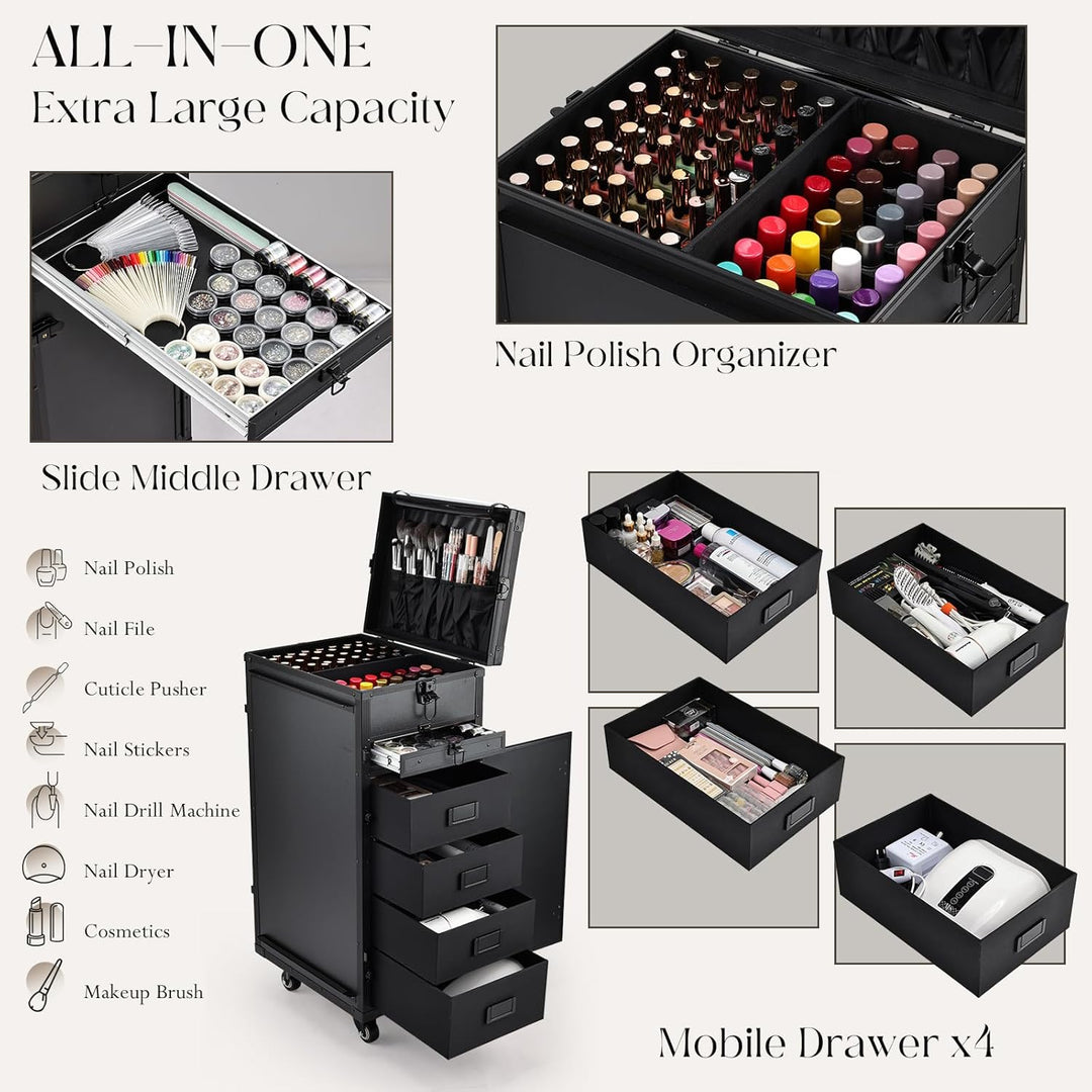 Kosmetik Trolley mit Tisch und 5 Schubladen Professioneller Nagelkoffer mit Rollen Kosmetikkoffer Ma