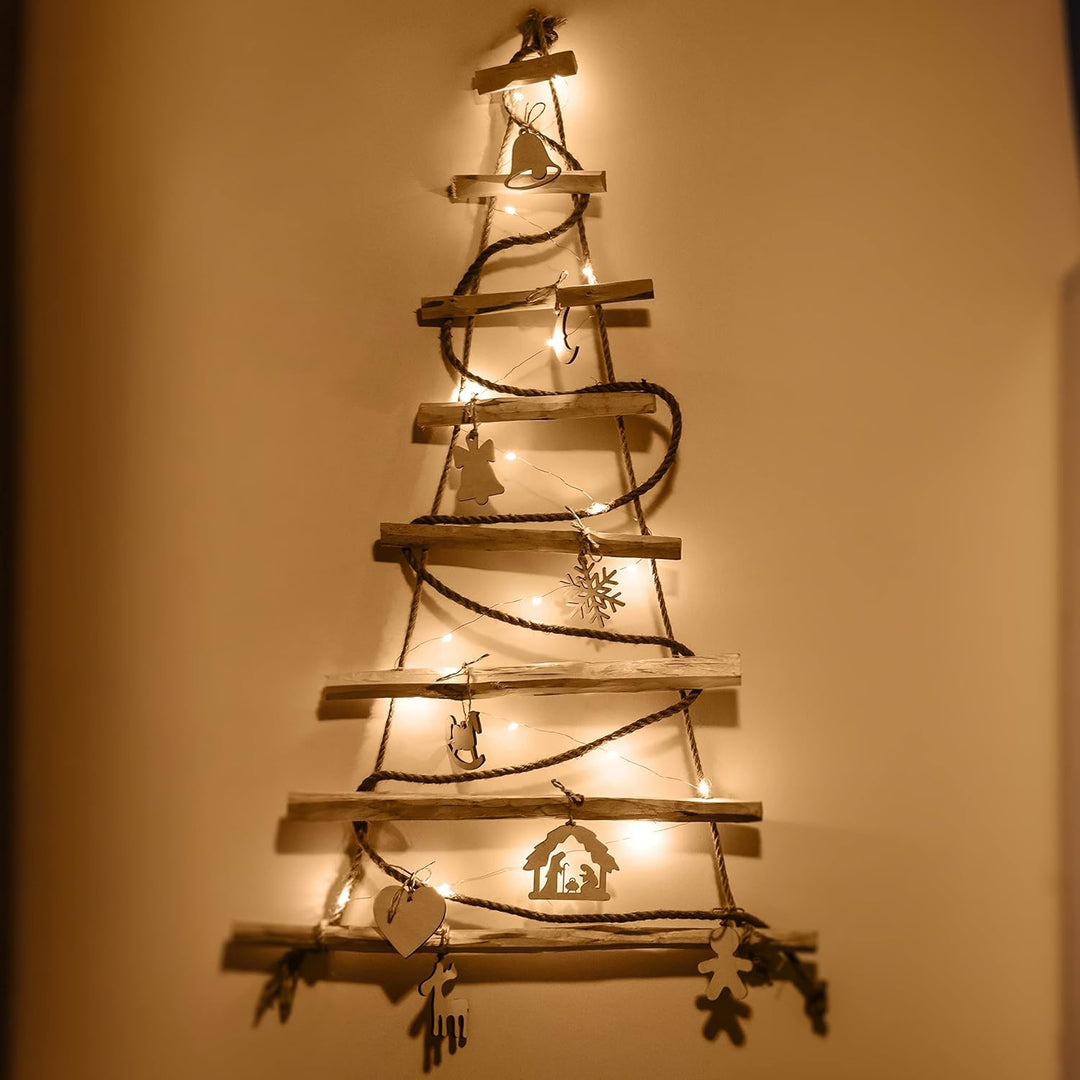 BOGATECO Handgemacht Weihnachtsbaum 95 cm hoch, aus Haselnussholz | Deko Anhänger | mit 200 cm LED-L