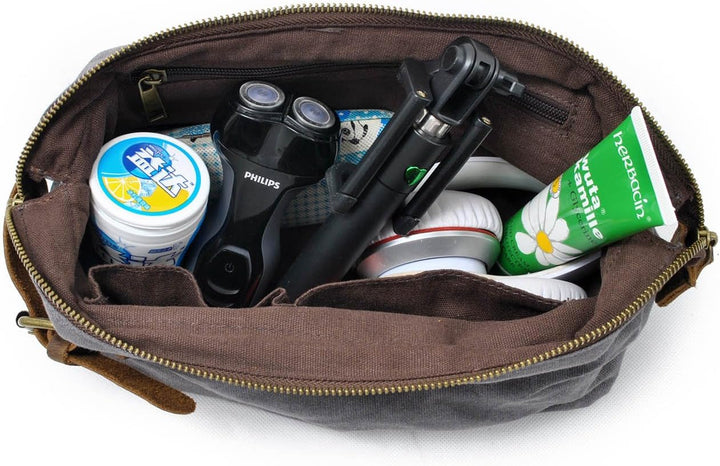 Neuleben Kulturtasche Wasserdicht Vintage Canvas Leder Damen Herren Kosmetiktasche Kulturbeutel für
