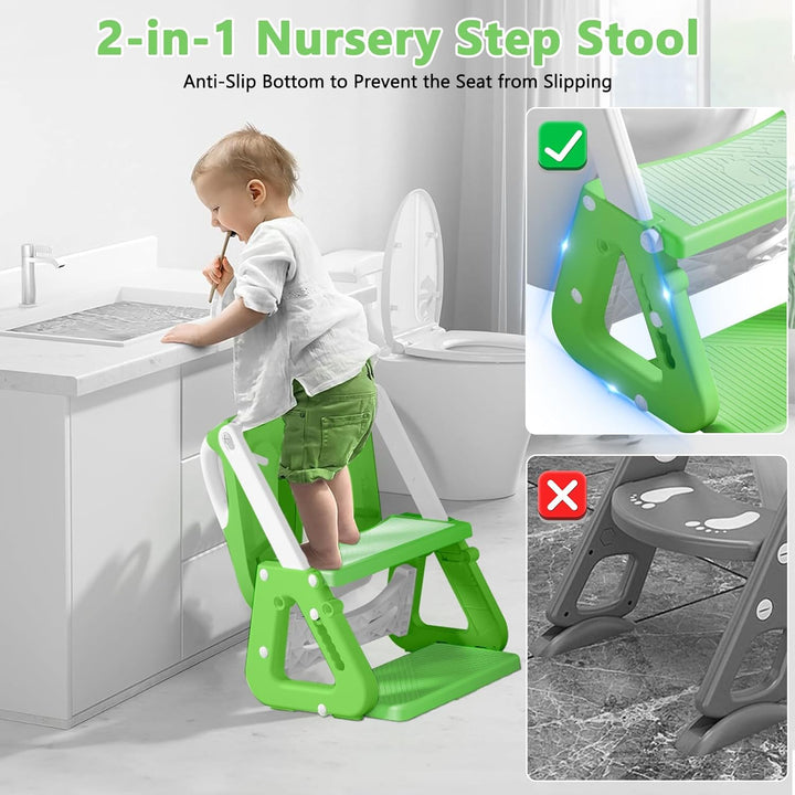 Toilettensitz für Kinder Mit Treppe - 2-in-1 WC Sitz Mit Gepolstertem Sitz, Höhenverstellbar Faltbar