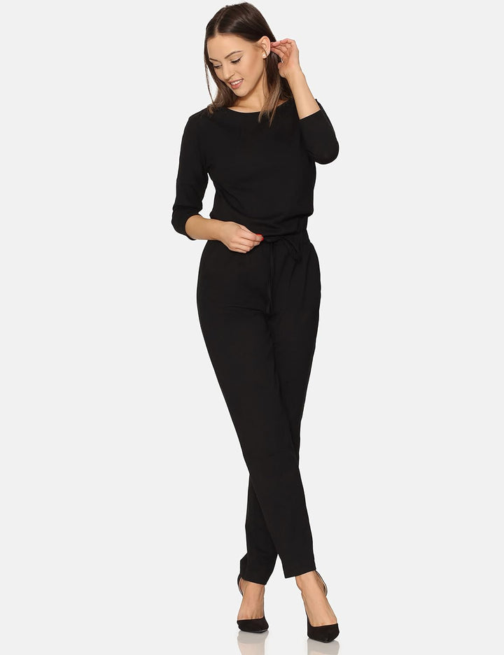 Bellivalini Damen Hosenanzug Einteiler Jumpsuit mit Bindegürtel Freizeitanzug BLV50-212 XXL Schwarz,